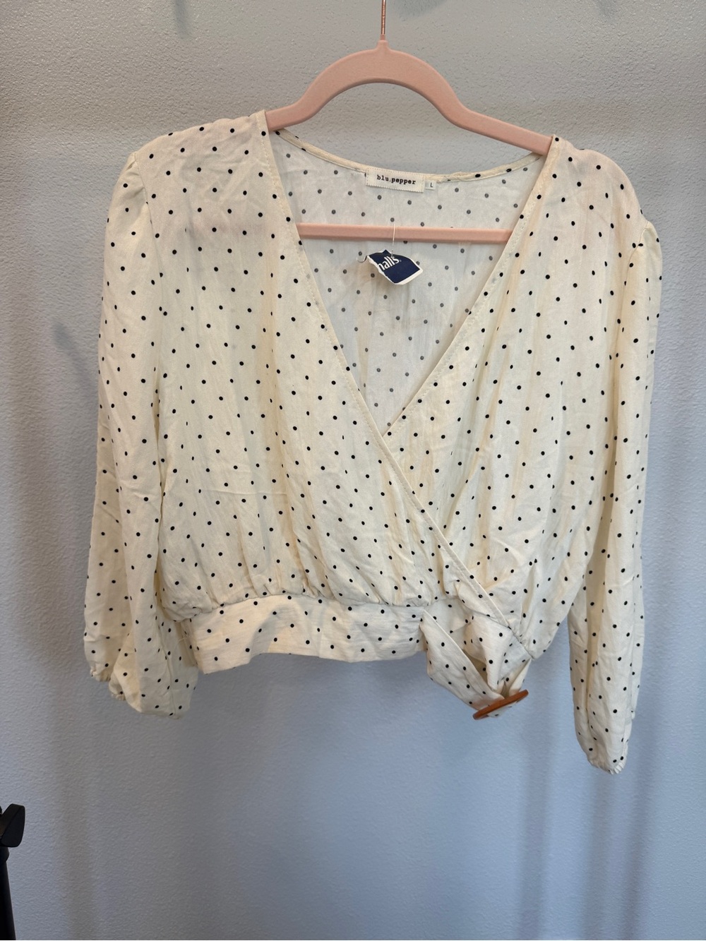 Blu Pepper Cream Wrap Blouse with Black Polka Dots Wooden Buckle at Waist Large
